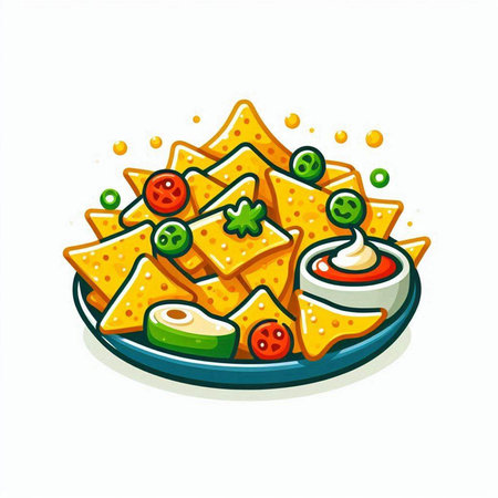 Mexican nachos with salsa and guacamole, vector illustrationのイラスト素材