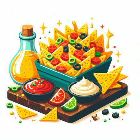 Mexican nachos with guacamole sauce and ingredients, vector illustrationのイラスト素材