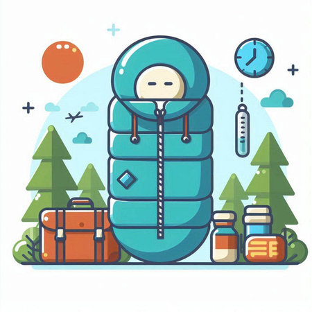 Vector illustration of a sleeping bag in the forest. Flat style.のイラスト素材