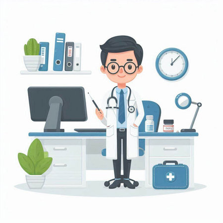 doctor with stethoscope in office. Vector illustration in cartoon styleのイラスト素材