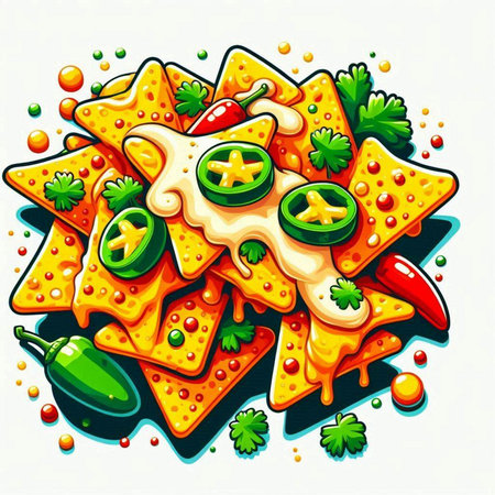 Illustration of nachos with melted cheese and chilli peppersのイラスト素材