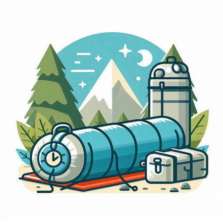 Vector illustration of camping equipment on the background of mountains and forest.のイラスト素材