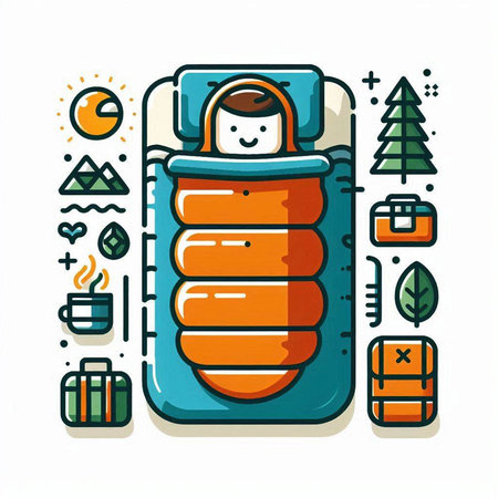Illustration of a sleeping bag with luggage and travel icons on white backgroundのイラスト素材