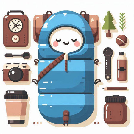 Cute sleeping bag and travel equipment. Vector illustration in cartoon style.のイラスト素材