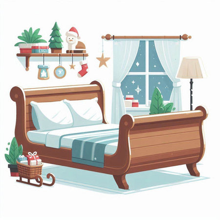 Vector illustration of a cozy bedroom with a bed, a Christmas tree, a santa claus, a sleigh, a Christmas tree, a garland, a fireplace and a window.のイラスト素材
