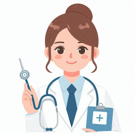 Illustration of a female doctor holding a stethoscope and a first aid kitのイラスト素材