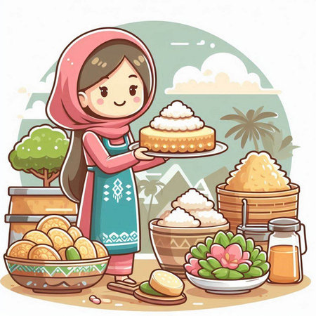 Illustration of a Cute Muslim Girl Posing with a Plate of Traditional Dessertのイラスト素材