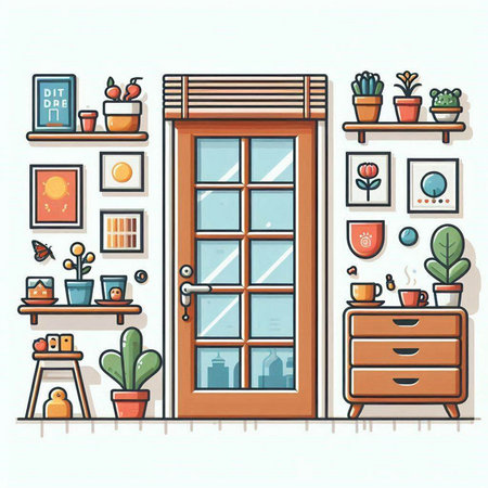 Vector illustration of a home interior with furniture, window, bookshelf, plants and pictures.のイラスト素材