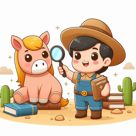 cowboy and horse with magnifying glass and books in desert illustrationのイラスト素材