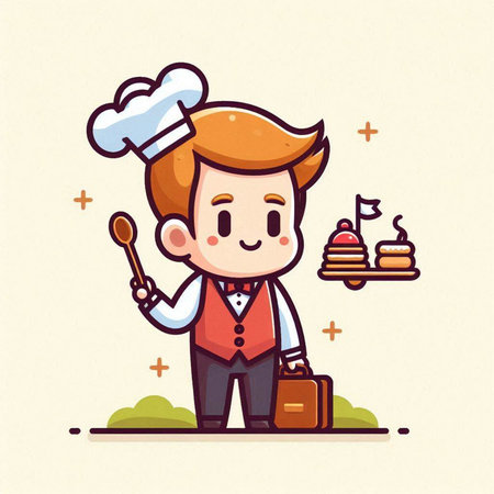 Cute cartoon chef in uniform and hat holding spoon. Vector illustration.のイラスト素材