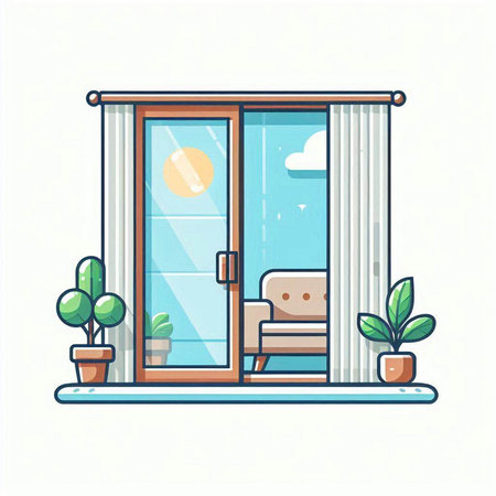 Window with curtains and armchair. Vector illustration in flat style.のイラスト素材