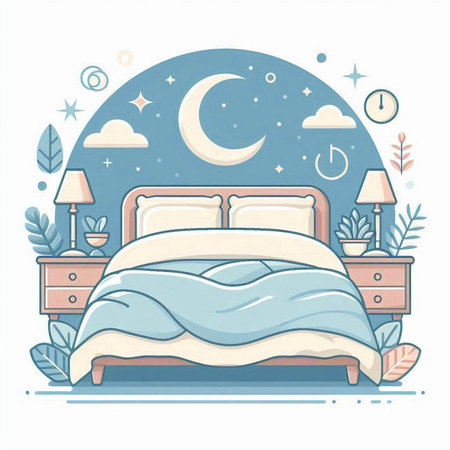 Vector illustration of a bed with a pillow and a crescent moon.のイラスト素材
