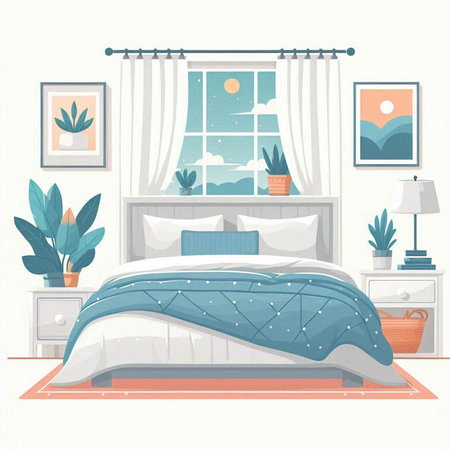 Bedroom interior. Vector illustration in flat style. Bedroom with a bed and a lamp.のイラスト素材
