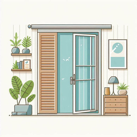 Vector illustration of a room with a window, bookshelf and plantsのイラスト素材