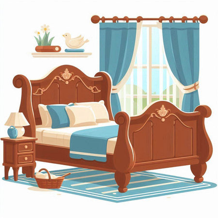 Bedroom interior with furniture. Vector illustration in cartoon flat style.のイラスト素材