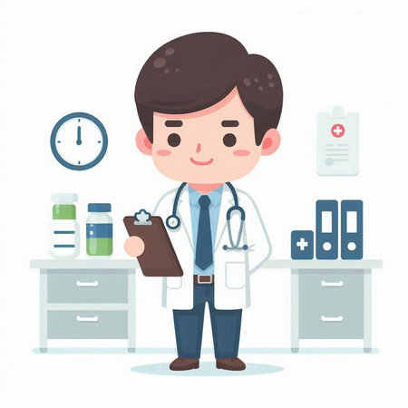 Male doctor in hospital with stethoscope and clipboard. Vector illustration.のイラスト素材