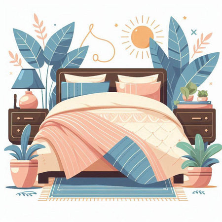 Vector illustration of a bedroom interior with a double bed, nightstands, potted plants.のイラスト素材