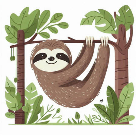 Cute cartoon sloth hanging on tree branch. Vector illustration.のイラスト素材