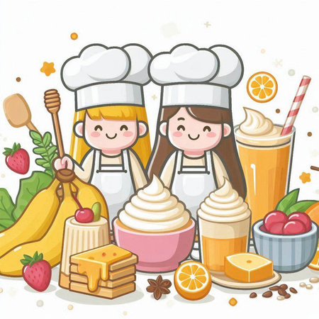Illustration of Cute Cartoon Girl and Boy Dressed as a Chef with Different Mascarpone Ingredientsのイラスト素材
