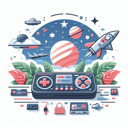Gamepad with rocket, planets, spaceship and other elements. Modern flat vector illustration.のイラスト素材