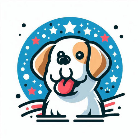 Vector illustration of cute cartoon dog in blue circle with stars on white background.のイラスト素材