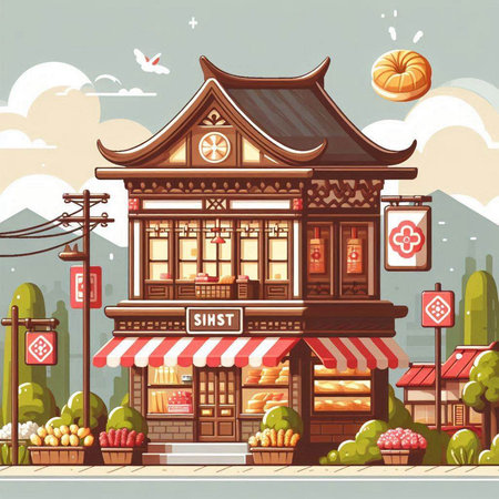 Japanese restaurant building on the street in cartoon style. Vector illustration.のイラスト素材