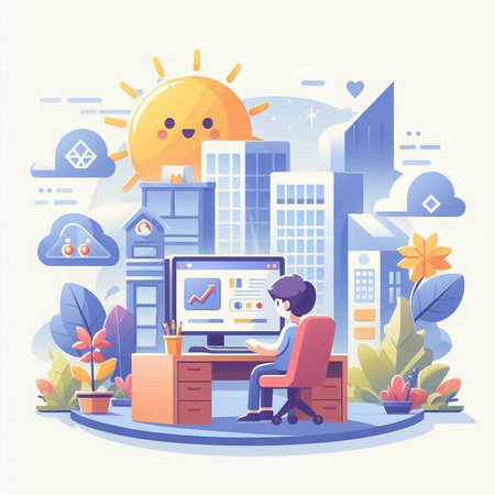 Vector illustration in flat style. Businessman working on computer in the office.のイラスト素材