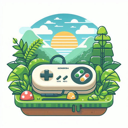 Gamepad on the grass in the park. Flat vector illustration.のイラスト素材