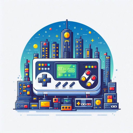 Retro videogame console on the background of the city. Vector illustration.のイラスト素材