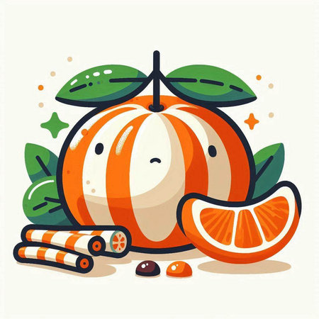 Cute orange fruit with leaves. Vector illustration in cartoon style.のイラスト素材