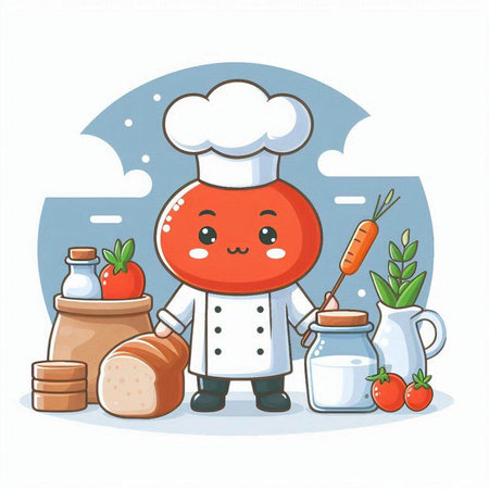 Chef character with carrot, bread and milk. Vector illustration.のイラスト素材