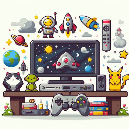 Vector illustration of a video game console with a set of cartoon charactersのイラスト素材