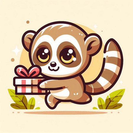 Cute cartoon lemur holding a gift. Vector illustration of a funny animal.のイラスト素材