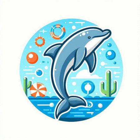 Vector illustration of dolphin swimming in the sea. Flat style. Marine background.のイラスト素材