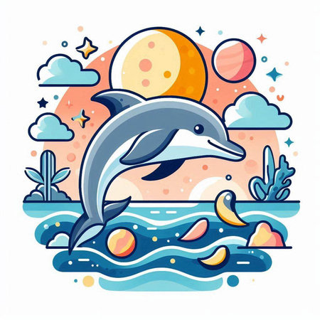 Dolphin jumping on the sea with sun and moon. Vector illustration.のイラスト素材