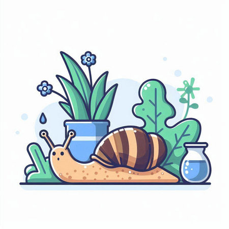 Vector illustration of snail and plant in pot on white background. Flat line art style.のイラスト素材
