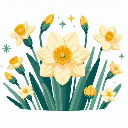 Yellow daffodils with green leaves and stars. Vector illustration.のイラスト素材