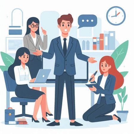 Business people team working together in office. Vector illustration in flat styleのイラスト素材