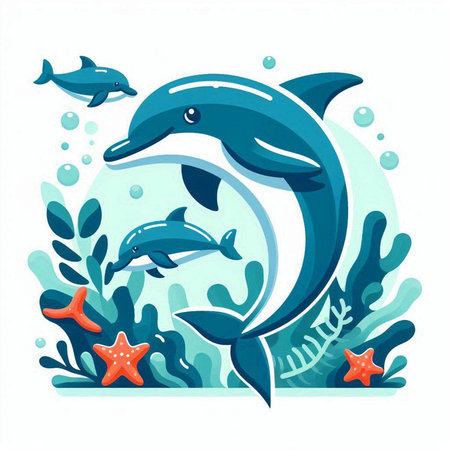 Dolphin and starfish on the background of the sea. Vector illustration.のイラスト素材