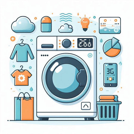 Washing machine with different icons. Vector illustration in flat style.のイラスト素材