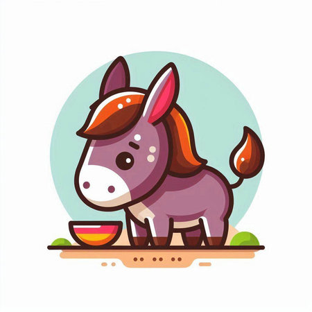 Cute cartoon donkey with a bowl of soup. Vector illustration.のイラスト素材