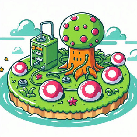 Cartoon illustration of a mushroom shaped cake with a tree in the middleのイラスト素材