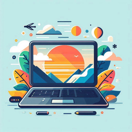 Laptop with sun and clouds. Flat design vector illustration. Technology concept.のイラスト素材