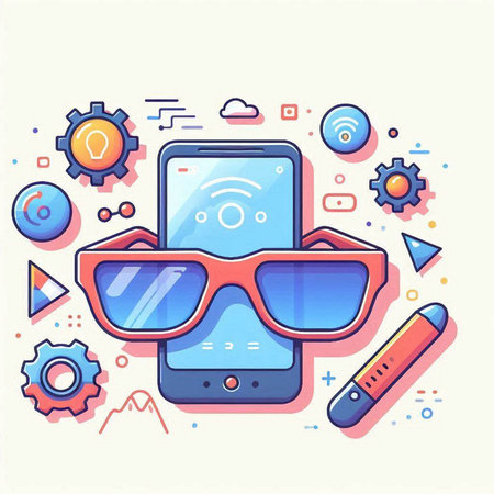 Smartphone with glasses and gear. Vector illustration in line art styleのイラスト素材