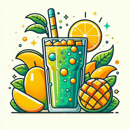 Vector illustration of a glass of fresh fruit smoothie with orange, mango, pineapple and straw.のイラスト素材