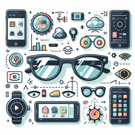 Vector line art illustration of glasses, smartphone and multimedia icons set.のイラスト素材