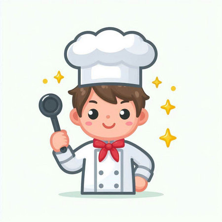 Chef boy with ladle. Cute cartoon vector illustration.のイラスト素材