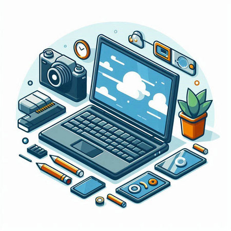 Cloud computing concept. Laptop, smartphone, camera and cloud storage. Vector illustrationのイラスト素材