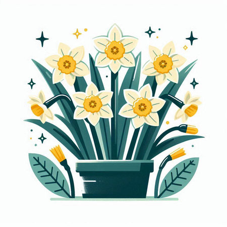 Daffodils in a vase. Hand drawn vector illustration.のイラスト素材