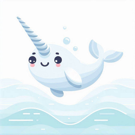 Cute cartoon narwhal floating in the sea. Vector illustrationのイラスト素材